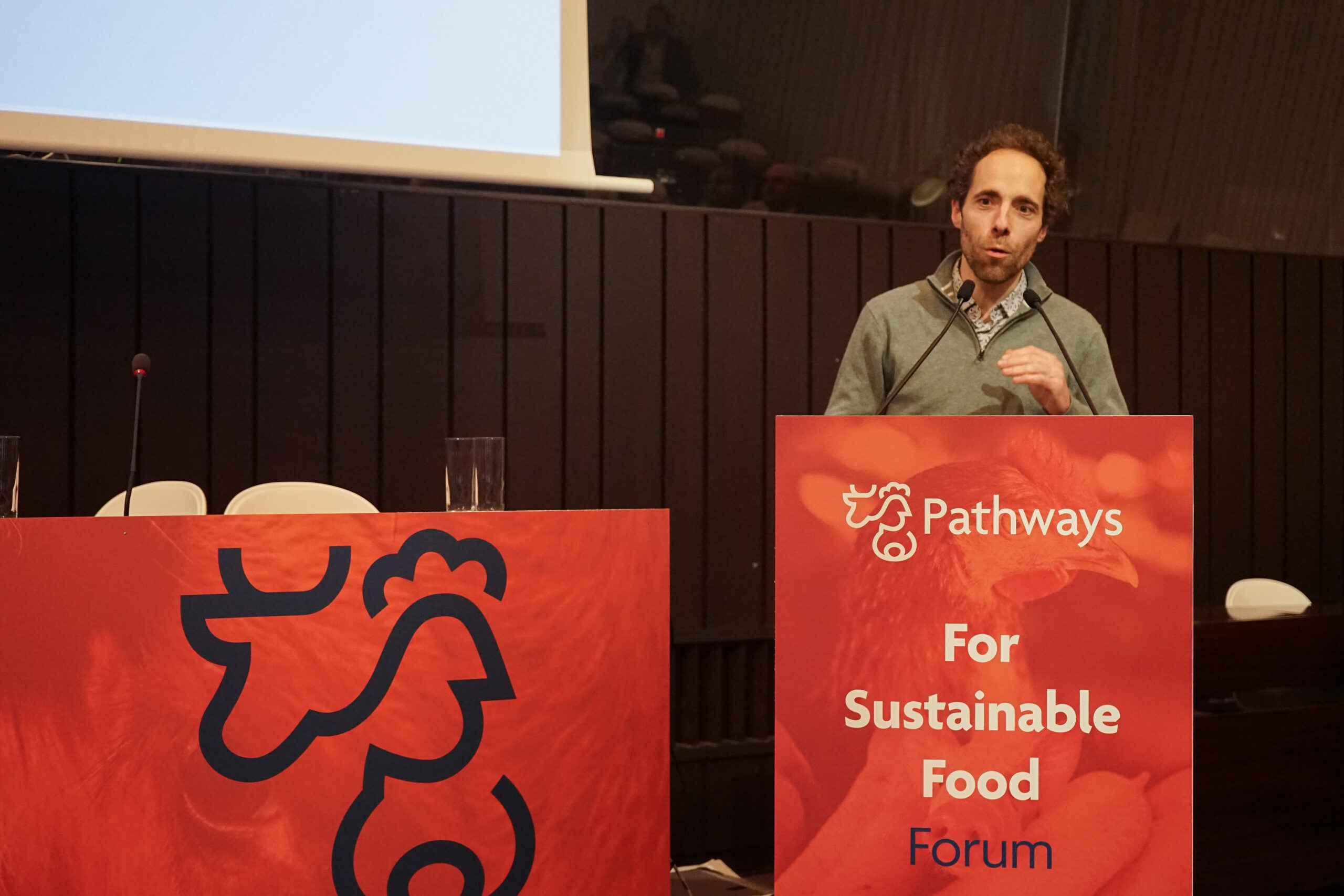 Pierre-Marie Aubert during a pitch at the For Sustainable Food Forum in Brussels on 7 March 2024.